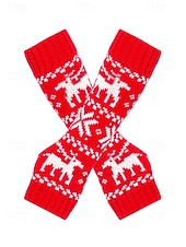 billiga Damhandskar-Stickade fingerlösa julvantar för kvinnor, röda och vita Fair Isle-renmönster, julvantar för vinterfester och festliga evenemang