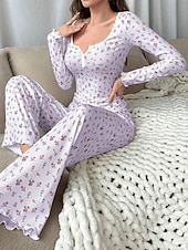  Women's Pajama Set Casual Comfort Floral Elastic Waist Pant Home Daily Long Sleeve U Neck White Yellow Pink Purple Spring Fall Regular Fit