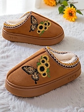 Χαμηλού Κόστους Γυναικείες Παντόφλες &amp; Σαγιονάρες-Γυναικείες παντόφλες με τυπωμένο ηλιοτρόπιο - ζεστά παπούτσια εσωτερικού χώρου με επένδυση από φλις και σχέδιο πεταλούδας, άνετα υποδήματα για το σπίτι για χειμερινά δώρα