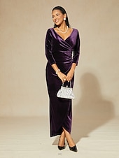  Per donna Abito maxi Abito a Portafoglio Elegante Festa serale Ospite di nozze Cocktail party Asimmetrico Tinta unica Manica 3/4 Scollo a V Melanzana