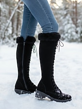 cheap Snow &amp; Winter Boots-Women's Brown Lace-Up Fur Lined Boots - Knee-High Winter Boots with Warm Faux Fur Collar for Outdoor Snow and Holiday Wear