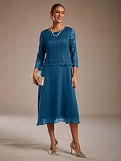  Dámské Midi šaty Šifonové šaty Elegantní Svatební host Koktejlový večírek Čajový dýchánek Krajka Pevná barva 3/4 délka rukávu Tričkový Zelenomodrá