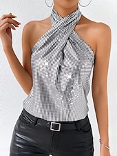 abordables Réservoir Simple-Femmes Débardeur caraco Paillettes Couleur Unie Élégant Occasionnel Sans manches Col Halter Hauts Réguliers Quotidien Fête Argent Été Printemps
