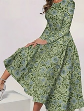 cheap Floral Dress-Women's Midi Dress Casual Dress Swing Dress Elegant Fashion Daily Outdoor Weekend Regular Fit Floral Long Sleeve Crew Neck Blue Yellow Green Spring Fall Winter Autumn