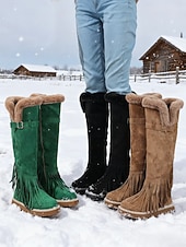 abordables Snow &amp; Winter Boots-Women's Green Fringe Faux Suede Snow Boots with Fur Lining – Stylish Knee-High Winter Boots Footwear for Cold Weather, Snow and Outdoor Adventures