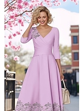 cheap Ankle Length-A-Line Dress Tea Length Beaded Eembroidered Party Dress Cocktail Dress Mother of the Bride Dress 3/4 Length Sleeve V Neck Elegant Simple Formal Satin with Lace Ruched Sequin
