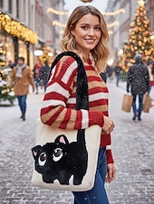 tanie Torby i torebki-damska pluszowa torba typu tote z motywem kociej buzi, dostępna w wielu kolorach, z miękkiego futerka, o uroczym i zabawnym designie, idealna na niezobowiązujące wyjścia i jako prezent