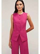 cheap Women's Suits-Women's Sleeveless Vest Two Piece Work Office / Career Stretch Crepe Elegant Simple Sleeveless Round Single Breasted