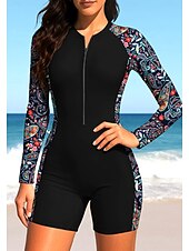 cheap One Pieces Rash Guards-Women's Rash Guard Dive Skin Suit Bathing Suit Swimsuit Set Paisley Folk Zip Up Removable Pad Front Zip UV Sun Protection UPF50+ Ultra Light (UL) Long Sleeve Swimwear Sun Shirt Surfing Beach Water
