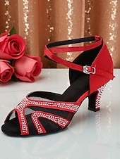 economico Scarpe per balli latini-Scarpe da ballo da sala da donna con strass - tacchi latini aperti in rete con tacco basso a blocco, stile festa scintillante per salsa, tango &amp;eventi di danza formale