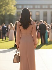 preiswerte Bodenlänge-Schlauchkleid Bodenlang Kleid für Hochzeitsgäste Abendkleid Brautmutterkleid Langarm V Ausschnitt Elegant Einfach Formell Hochzeitsgast Verlobungsfeier Krepp mit Raffung