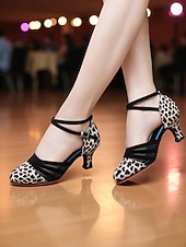 economico Scarpe per balli latini-Scarpe da ballo latino professionali da donna con stampa leopardata - tacchi da sala da ballo con cinturini in pelle scamosciata e rete per salsa, tango e gare di performance