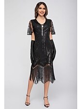 preiswerte 1920er Kleider-Goldene Zwanziger 1920er Knielang Flapper Kleid Kurze Ärmel Der große Gatsby Pailletten Fransen V Ausschnitt Kostüm Damen Weihnachten Karneval Flüsterkneipe Maskerade Retro-Mottoparty Erwachsene