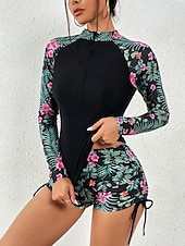 baratos Tankinis-Maiô Tankini Feminino 2 Peças Short Controle de Barriga Cintura Alta Slim Costas Descobertas Roupas de Praia de Férias Floral Folhas Decote Alto Com Mangas Longas
