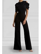 preiswerte Overalls für Mütter-Overalls Bodenlang Brautmutterkleid Kurzarm Rundhalsausschnitt Elegant Einfach Formell Hochzeitsgast Familientreffen Stretchstoff mit Einfarbig