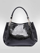 billiga Hand- och toteväskor-Damhandväska i konstläder med krokodilprägling, julklar, finns i rött, blått och svart – snygg vinteraxelväska med justerbar rem och gulddetaljer