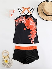 economico Tankini-Costume da bagno tankini da donna a 2 pezzi con pantaloni corti controllo della pancia alto in vita schiena scoperta per vacanze al mare colletto a halter e senza maniche