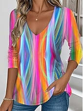 levne tričko umění a designu-Dámské Tričko Tisk Tónované Grafika Vinobraní Módní stylové Dlouhý rukáv Do V Běžné topy Denní Světlá růžová Jaro Podzim