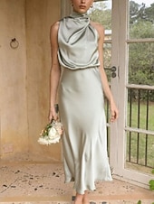 baratos Vestido Simples-Mulheres Vestido midi Vestido Longo Vestido Maxi vestido de cetim Vestido de formatura Vestido de festa Elegante Moda Moderno Festa de Noite Festa Ocasião Especial Normal Delgado Tecido Sem Manga