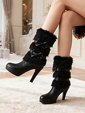 levne Sníh a zimní boty-Dámské bílé sněhule na vysokém podpatku z umělé kožešiny s mašlí - elegantní zimní obuv se zapínáním na zip, elegantní pro formální i sváteční příležitosti