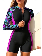 tanie Rash guardy One Piece-Damskie Średnie Standardowy Docieplacze Jednoczęściowy strój do surfingu Strój kąpielowy Kwiaty Kwiatowy Tropikalny Zapiąć na zamek błyskawiczny z wbudowanym biustonoszem Wyjmowane wkładki Ochrona