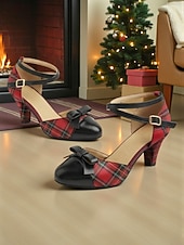  Naisten ruudulliset nilkkaremmikorkokengät rusetilla – vintage 1950-luvun tyyli, mukavat lohkokorkokengät jouluun, juhlapyhiin ja arkeen