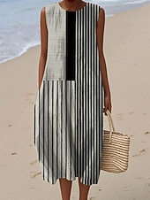 billiga Randiga och geometriska klänningar-Kvinnors midi-klänning linne-liknande sommarklänning skiftklänning A-linje klänning semester avslappnad boho gå ut strand lös passform grafisk geometrisk ärmlös rund hals gul mörkgrå ljus orange