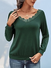 abordables T-shirt uni-Femmes Chemisier Dentelle Patchwork Uni Actif Occasionnel manche longue Col en V Hauts Réguliers Quotidien Fête Sortir Vert Emeraude Gris foncé Été Automne