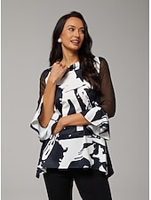ieftine cămăși, topuri și bluze-Bluză de damă neagră cu imprimeu floral, șifon elastic, mâneci scurte, decolteu tip bateau, casual, confortabil, primăvară, vară, toamnă, vacanță