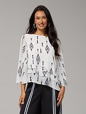 abordables camisas, tops y blusas-Blusa de mujer blanca floral, manga 3/4, suelta, cuello redondo, informal, elegante, para vacaciones, primavera, verano y otoño.