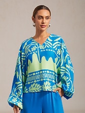 abordables camisas, tops y blusas-Top de mujer de satén azul con estampado floral de vacaciones, manga farol, cuello en V, informal, para primavera y otoño