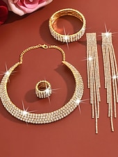 Недорогие Женское ожерелье-Женский комплект украшений из золота со стразами: сверкающее колье, серьги, браслет &amp;набор колец для коктейльных вечеринок, свадеб и официальных мероприятий