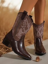 Χαμηλού Κόστους Καουμπόη και δυτικές μπότες-Γυναικείες καφέ μπότες western μέχρι τη μέση της γάμπας – καουμπόικες μπότες από τεχνητό δέρμα με κεντημένο σχέδιο για φθινοπωρινές, country style και εκδηλώσεις ροντέο