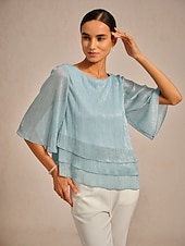  Damen Bluse Elegante Oberteile Chiffon Tops Spitzentops Plissiert Glitzer Elegant Rundhalsausschnitt Normale Oberteile Hochzeitsgast Ausgehen Leicht Blau Frühling Herbst