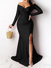 preiswerte Frauen schwarzes Kleid-Damen Langes Kleid Maxikleid schwarzes kleid Abschlussballkleid Partykleid Elegant Modern Party Besonderer Anlass Abendgesellschaft Normale Passform Einfach Langarm V Ausschnitt Blau Schwarz Rote Grün