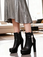 お買い得  プラットフォームブーツ-ラインストーンのディテールが施されたレディースのブラックアンクルブーツ。フォーマルなシーン、パーティー、夜のお出かけにぴったりのシックなイブニングスタイルのプラットフォームブーツ。