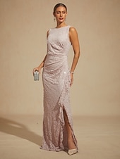 abordables Robe de cocktail-Robe longue fourreau élégante pour femme, idéale pour un mariage, une soirée ou une invitée. Coupe classique, ornée de sequins, de dentelle et de volants, fendue, unie, sans manches, col bateau, rose