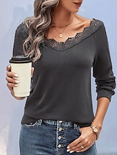 abordables T-shirt uni-Femmes Chemisier Dentelle Patchwork Uni Actif Occasionnel manche longue Col en V Hauts Réguliers Quotidien Fête Sortir Vert Emeraude Gris foncé Été Automne