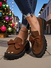 billige Slip-ons og loafers til kvinner-Kvinners burgunder patent lær slip-on loafere med bue – Chunky plattformsko uformelle utflukter daglig bruk og juletider