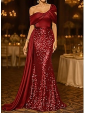 cheap Ball Gown Evening Dresses-Mermaid Trumpet Sweep Brush Train Evening Gown Ball Gown with Overskirt Formal Dress Elegant Glittering Sparkle Sleeveless Off Shoulder Wedding Formal Satin Sequined with Glitter Pleats
