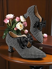  Rote Damenpumps im Vintage-Stil der 1950er Jahre mit Polka-Dots und schwarzer Satinschleife – vom edwardianischen Stil inspiriert, perfekt für Retro-Partys, den Alltag und besondere Anlässe.
