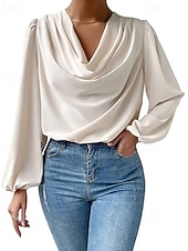 preiswerte Schicke Blusen-Damen Hemd Elegant Satin-Top Bluse Gerafft Patchwork Drapiert Einfarbig Einfach Elegant Vintage Täglich Langarm Laternenärmel Asymmetrisch Normale Oberteile Täglich Arbeit Ferien Blau Schwarz Wei