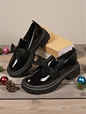 billige Slip-ons og loafers til kvinner-Kvinners burgunder patent lær slip-on loafere med bue – Chunky plattformsko uformelle utflukter daglig bruk og juletider