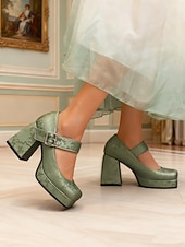 billiga Pumps med blockklack-Gröna blommiga platåskor i konstläder med Mary Jane-spänne för kvinnor - vintageklackar från 1950-talet för formella tillfällen, fester och bröllop