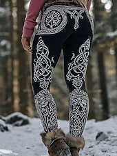 preiswerte Viking-Druck-Damen Leggings Urlaub Vintage Ethno-Stil Volle Länge Hohe Taille Grafik Abstrakt 3D-Druck Schnelltrocknend Atmungsaktivität Weich Dehnbar Schwarz Herbst Winter Normale Passform