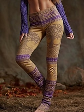 abordables -Femmes Leggings Leggings confortables Vacances ancien Style Ethnique Longueur complète Taille haute Graphique Impression Confortable Élastique Occasionnel Quotidien Vacances Jaune Violet Printemps