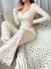  Women's Pajama Set Casual Comfort Floral Elastic Waist Pant Home Daily Long Sleeve U Neck White Yellow Pink Purple Spring Fall Regular Fit