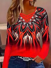 levne Tričko s pruhy a geometrickým vzorem-Dámské Tričko Vystřižený Tisk Grafika Geometrický Abstraktní Vinobraní stylové Klasické Dlouhý rukáv Do V Běžné topy Denní Vodní modrá Rubínově červená Jaro Podzim Zima