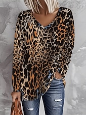 Χαμηλού Κόστους Ζώα tee-Γυναικεία Μπλουζάκι Στάμπα Γραφική Λεοπάρ Βίντατζ Μοντέρνα Στυλάτο Μακρυμάνικο Λαιμόκοψη V Κανονικά μπλουζάκια Καθημερινά Θαλασσί Άνοιξη Φθινόπωρο
