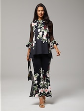 preiswerte Hemden, Tops und Blusen-Damen Bluse schwarz Blumendruck Stretch Chiffon Ärmel U-Boot-Ausschnitt lässig bequem Frühling Sommer Herbst Urlaub